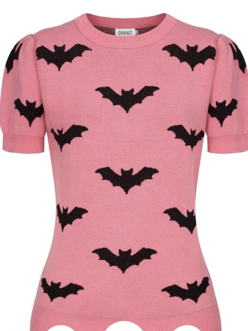 Women's Pink Bat-Print Scoop Neck Puffy Short Sleeve Sweater Goth Sz L kitschy